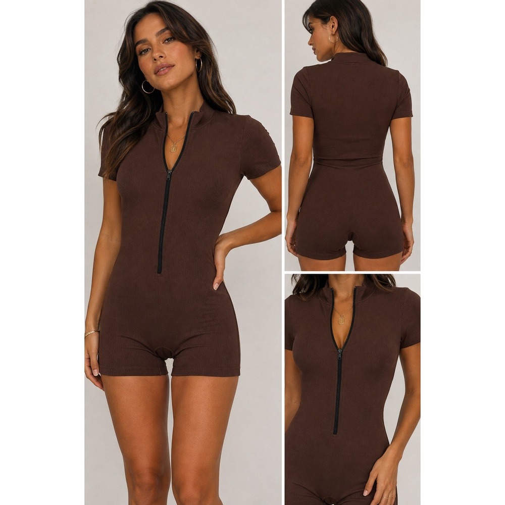 OQQ Women's Small Brown Ribbed Zip Front Shirt Sleeve Romper Bodysuit Bodycon